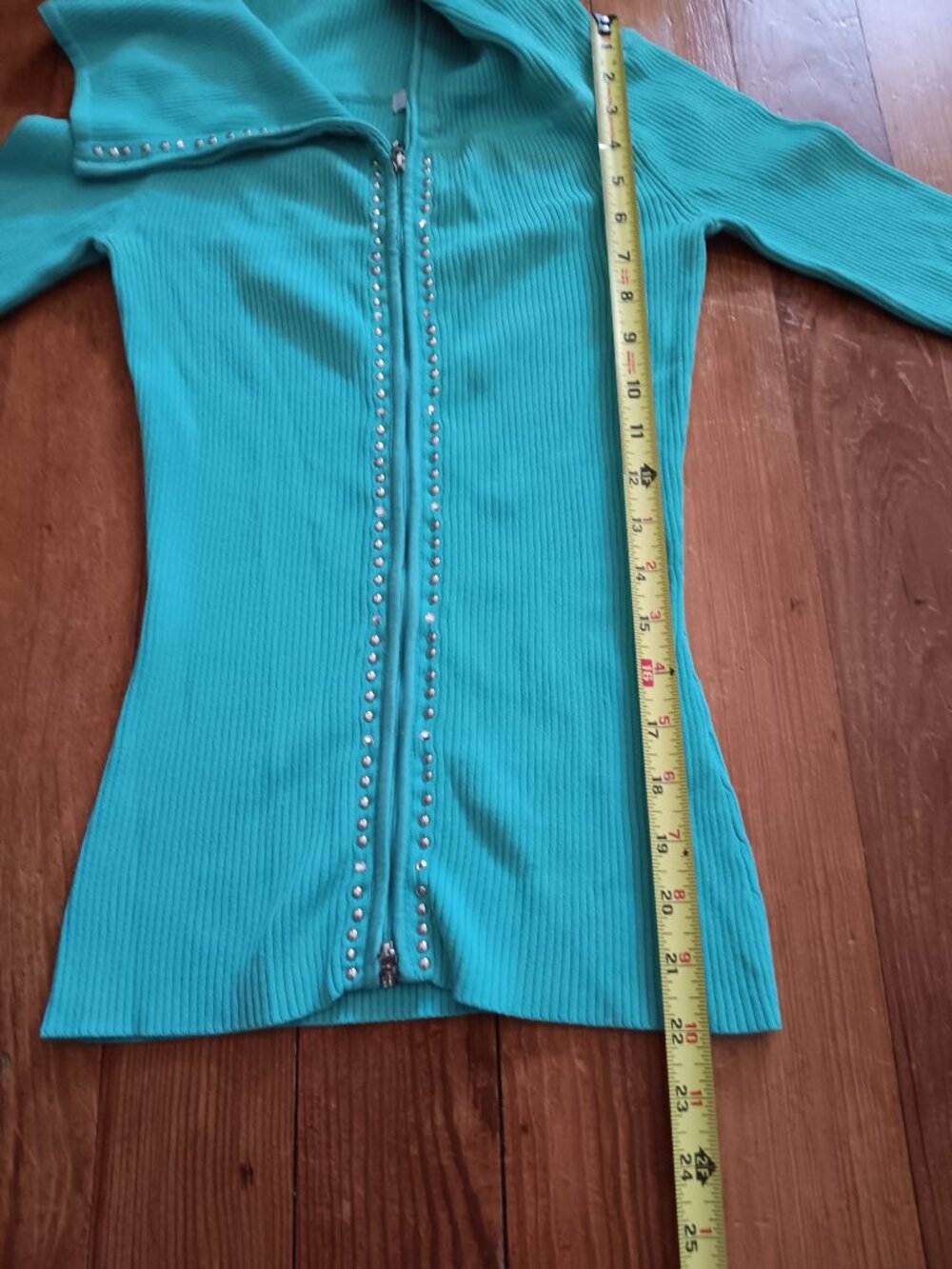 Iconic Cache double zip sweater rhinestones mint green XS Gabriella Solis FLAWS - Picture 5 of 11